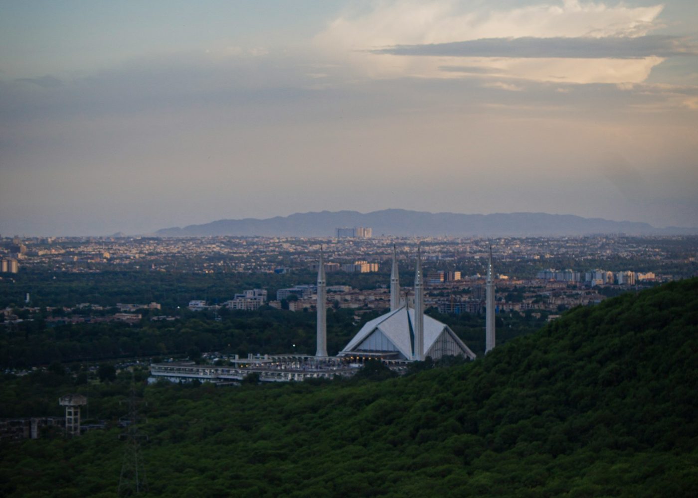 Panoramic view over Islamabad with Faisal Mosque and the Margalla Hills